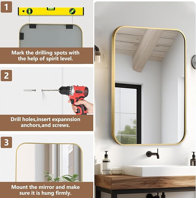 Brushed Gold Mirror, 30"x36" Rectangle Bathroom Mirror, Metal Frame Rectangle Corner Vanity Mirror, Wall Mounted Mirror for Modern, Living Room, Bedroom, Horizontal Or Vertical
