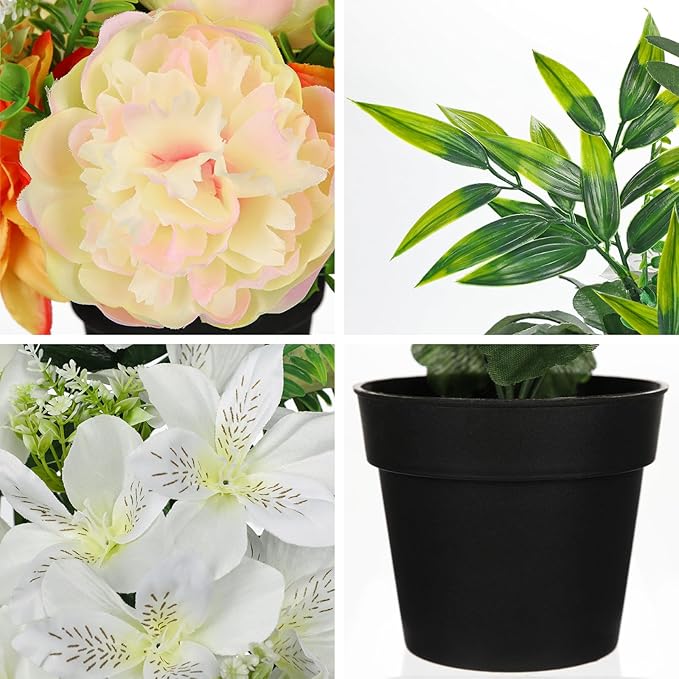 Yellow Artificial Flowers Small Fake Flowers in Vase Peonies Dahlia Tiger Lily Potted Silk Flower Arrangements Faux Plants & Flowers Home Bathroom Kitchen Table Centerpieces Desk Decor