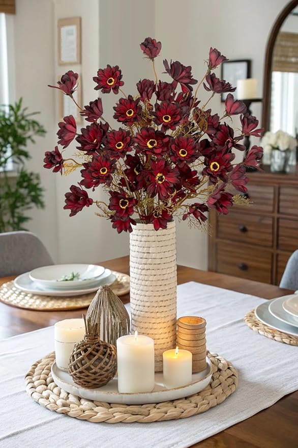 20" Artificial Burgundy Daisy Flowers for Fall Flower Arrangement, 3 Bundles Faux Chrysanthemum Flowers Branches for Gothic Halloween & Autumn Home Decor, Dark Fake Wildflowers Mums Black Red