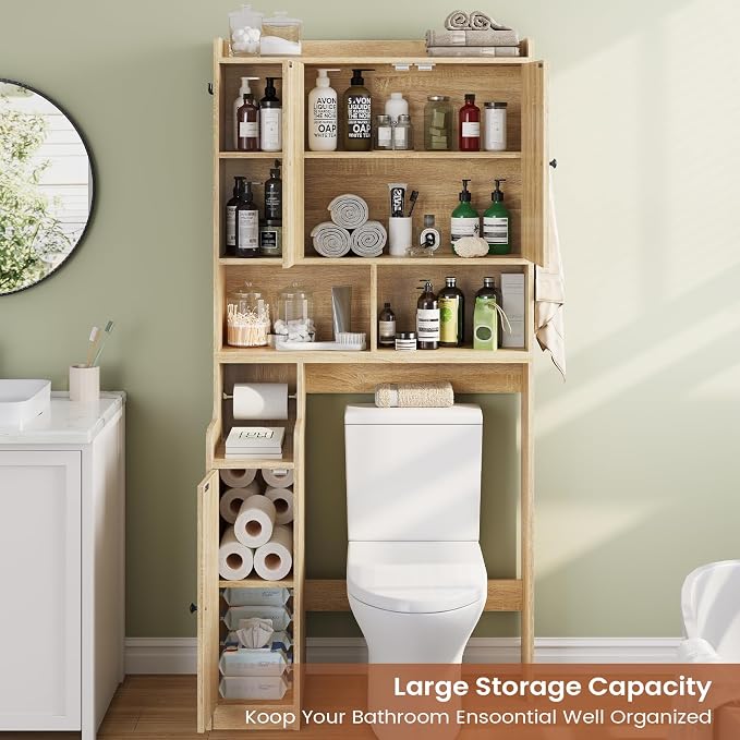 Itaar Over The Toilet Storage Cabinet, Farmhouse Rattan Bathroom Cabinet, Over Toilet Bathroom Organizer with Rattan Barn Doors & Toilet Paper Holder Stand, for Restroom, Laundry, Rattan Oak