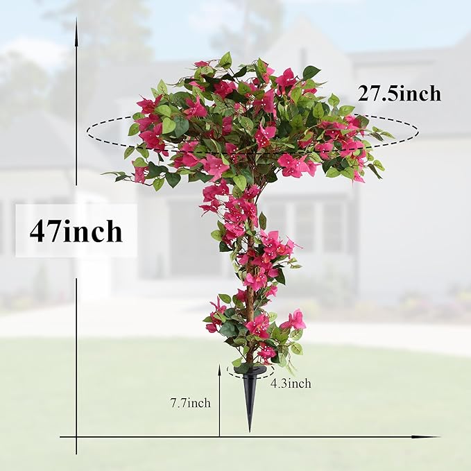 Damomo 4 Feet Artificial Bougainvillea Trees, Fake Bougainvillea Flowers Plant with Ground Spike, Outdoor Faux Azalea Blooming Plants 2 Packs for Decor Front Porch Indoor or Home Office (47 inch)