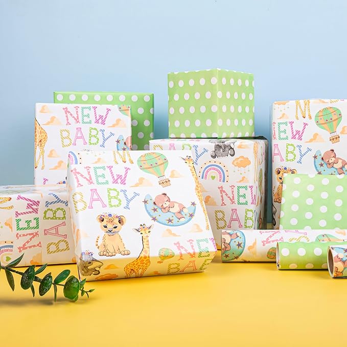Altarho Reversible Baby Shower Wrapping Paper for Kids Girls Boys - 17 Inch x 33 Feet - Lion Giraffe Animals & New Baby Design for Neutral Baby Shower Party Birthday Holiday