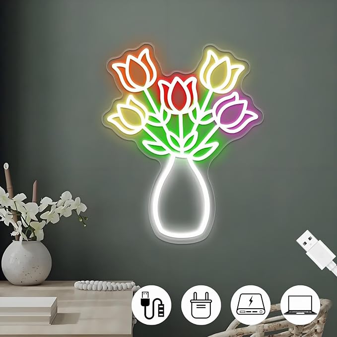 Tulips Bouquets Vases LED Neon Sign - Dimmable, Ideal Flower Neon Sign & Neon Signs for Wall Decor, Perfect for Spring-Themed Bedrooms, Floral Studios, Season Enthusiasts' Spaces, Great Gift for Flower & Spring Lovers