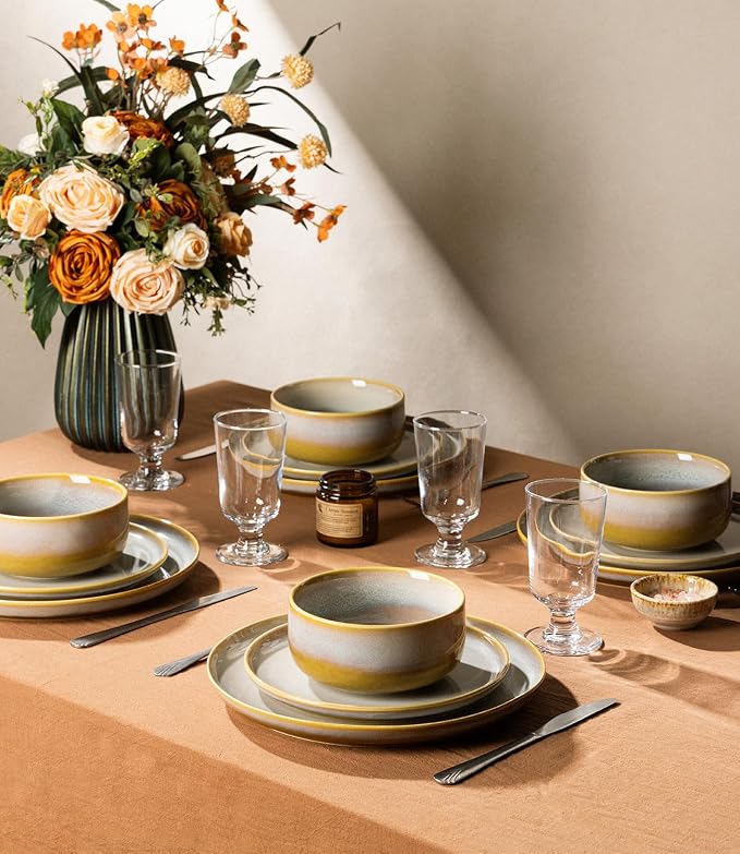 TheTerra Ceramic Dinnerware Sets for 6, 18 Pieces Handmade Reactive Glaze Plates and Bowls Set, Scratch Resistant Dish Set, Oven & Microwave & Dishwasher Safe, Autumn Haze