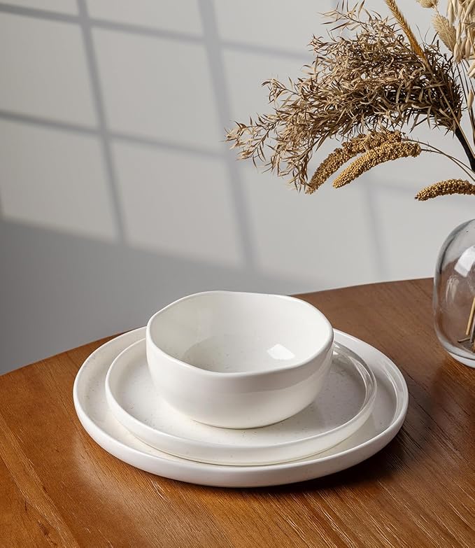 TheTerra Ceramic Dinnerware Sets for 4, 12 Pieces Handmade Reactive Glaze Plates and Bowls Set, Scratch Resistant Dish Set, Oven & Microwave & Dishwasher Safe, White Speckled