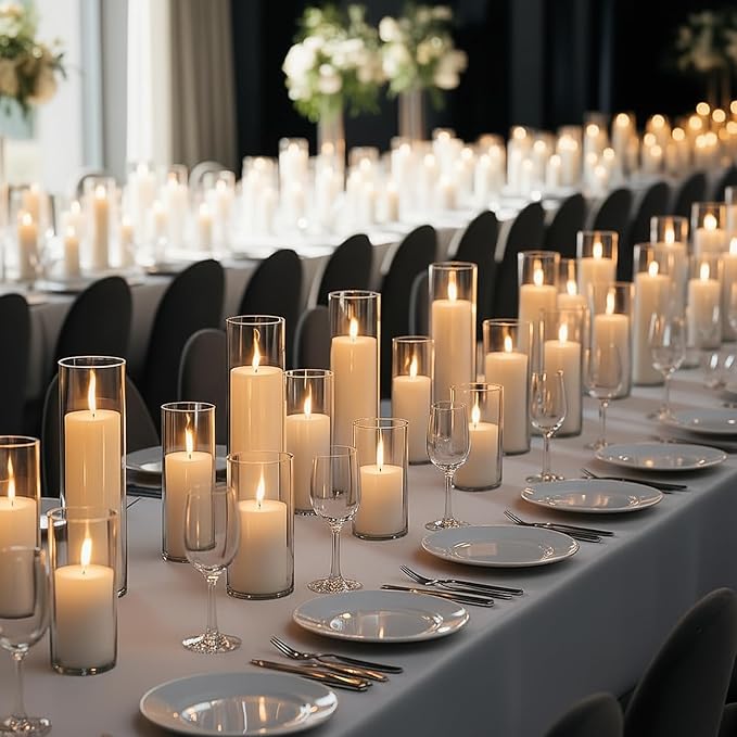 24 PCS White Pillar Candles (2''X3,4,6) and Glass Cylinder Vases(2.6''X5,6,8),Hurricane Candles,Perfectly Sized for use as a Centerpiece Candle Decoration on Wedding Tables!