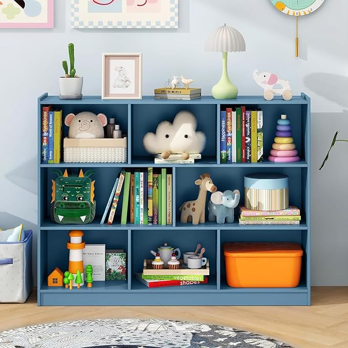 KOTEK Toy Storage Organizer, 5 Cubby Kids Bookshelf, Wooden 3-Tier Bookcase Storage Cabinet, Open Display Book Shelf for Daycare, Nursery, School Classroom, Living Room (Blue, 8 Cubes)