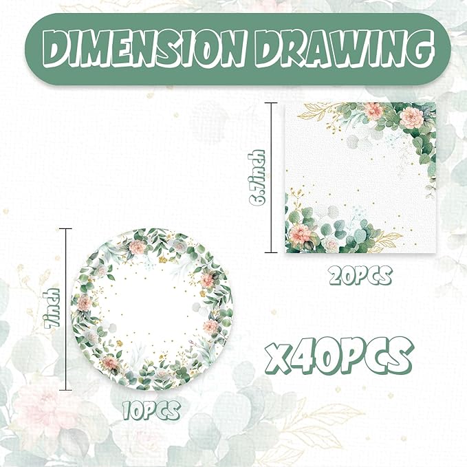 Sage Green Floral Paper Plates and Napkins for Eucalyptus Leaves Birthday Decorations 40Pcs Bridal Baby Shower Decorations Serve 20 Summer Tea Party Plates and Napkins Sets Supplies