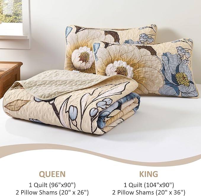 Dintszyayue Khaki Quilt Set King, 3 Pieces Beige Floral Bedspreads Lightweight Coverlet Set for All Seasons, Reversible Quilted Printed Bedding Set with 2 Pillow Shams