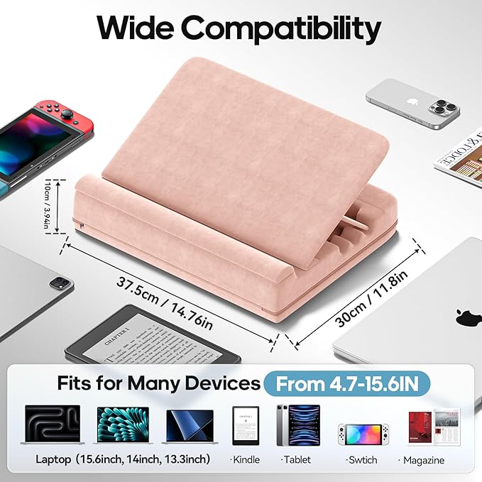 Laptop & Tablet Desk for Lap with Cushion, Computer Lap Desk Laptop Pillow for Couch, Bed, Car, Adjustable Computer Pillow Stand As Carrying Case for up to 15'' PC/Mac, Tablet, iPad, Kindle, Pink