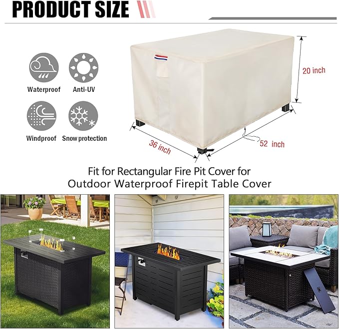 Youlvy Fire Pit Cover Rectangular 52 Inch - Waterproof Outdoor Fire Table Cover Rectangle Heavy Duty, 600D Patio Propane Gas Firepit Cover Rectangular Tear Weather Resistant - 52 x 36 x 20 Inch Beige