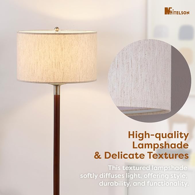 Walnut Brown Modern Floor Lamp for Living Room, Dimmable Tall Standing Lamp with Linen Shade and Bulb, Mid Century Rustic Farmhouse Floor Lamp for Bedroom Office Corner