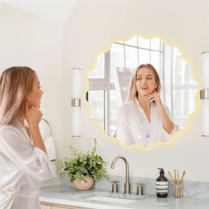 QDSSDECO Irregular LED Bathroom Mirror with Lights,Asymmetrical Led Bathroom Vanity Mirror for Wall with Front and Backlit, Anti Fog, 3 Colors and Dimmable Light, 23" x 23"