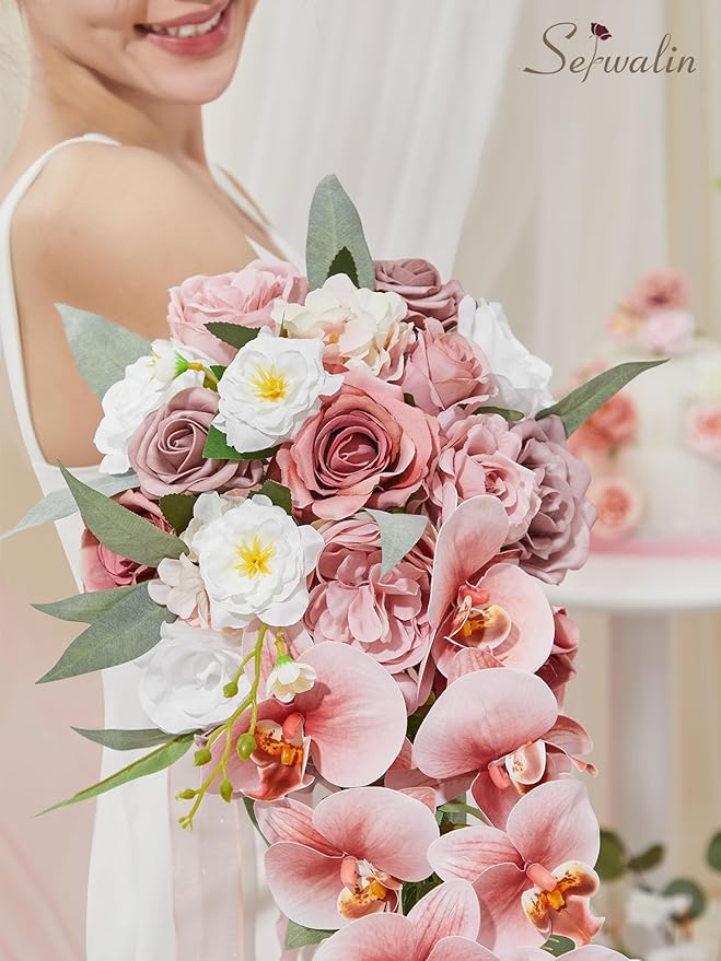Serwalin 11Inch Wedding Bouquet Dusty Rose Cream Bridal Bouquets for Bride Bride Bouquets for Wedding Ceremony and Anniversary Day Decor