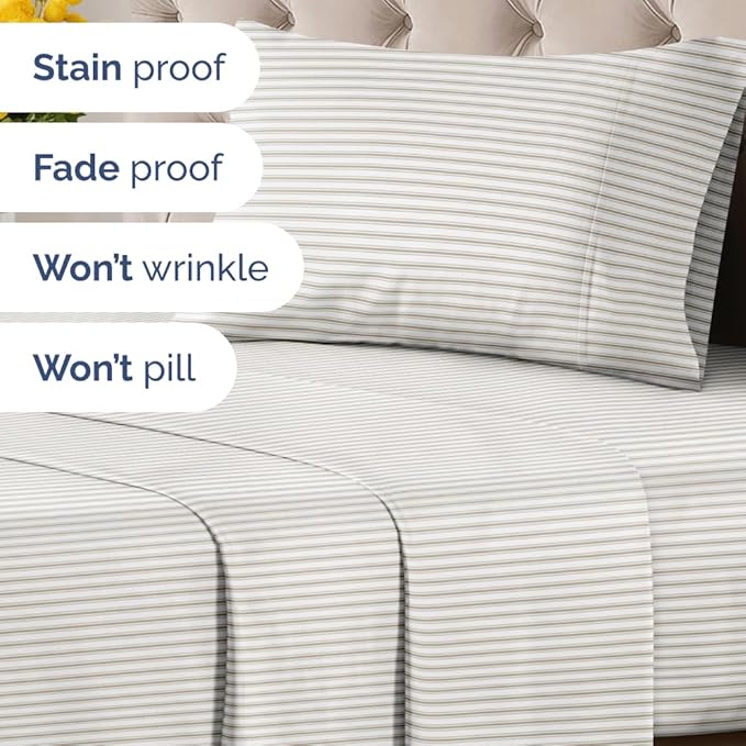Grey Striped Sheets - 1 Flat & 1 Fitted Sheet & 1 Pillowcase w/ Deep Pockets - Comfy, Cozy, Wrinkle and Fade Resistant - Ultra Soft, Breathable and Cooling - Luxury Pinstripe Bedding - Twin Size