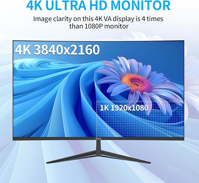 ZZA 32 Inch Curved Monitor 4K UHD 3840x2160, 60Hz 3000R VA Display, Gaming Monitor with Adaptive Sync, HDMI 2.1 & DisplayPort 1.4, 100% sRGB Computer Monitor, VESA 100x100, Black