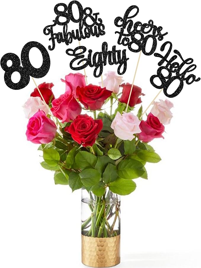 Gyufise 15Pcs 80th Birthday Centerpiece Sticks Eighty Happy 80th Table Flower Centerpieces Sticks Cheers to 80 Floral Decorations for 80th Birthday Party Centerpieces Supplies Black