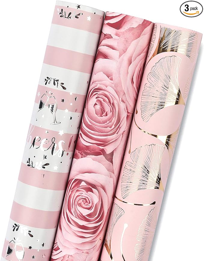 MAYPLUSS Pink Wrapping Paper Roll - Mini Roll - 17in X 120in Per roll - 3 Different Pink Floral Design (42.3 sqft) for Birthday, Holiday, Wedding, Baby Shower Valentine's Day