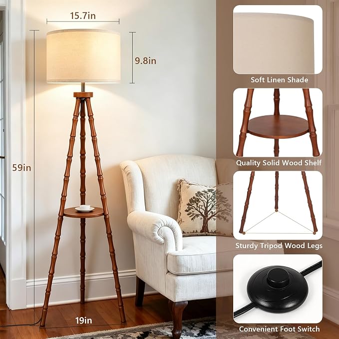 LAMSU Solid Wood Tripod Floor Lamp with Shelf, Mid Century Bobbin Standing Lamp with Fabric Shade and Foot Switch, Retro Farmhouse Tall Corner Lamps for Living Room Bedroom Office Reading, Brown