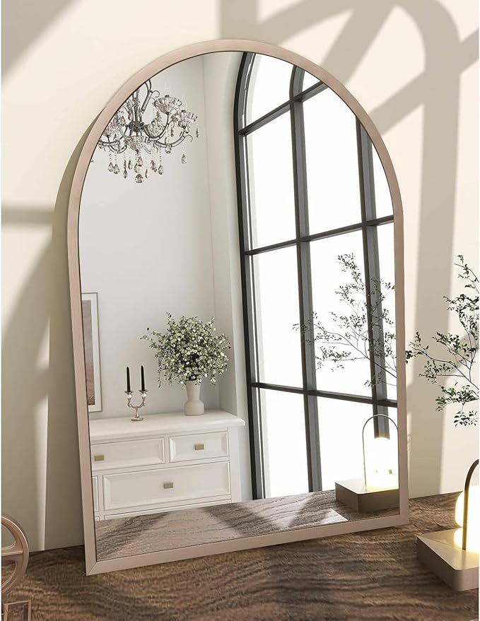 Large Arched Wall Mirror Aluminum Alloy Frame Bathroom Mirror Brushed Metal Vanity Wall Mounted Mirror for LivingRoom Bedroom Entryway Brass 28"x20"