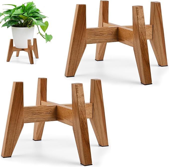 RAINBLELAND Wood Plant Stand Indoor (Set of 2) – 7 Inch Acacia Wood Plant Holder Stand for Pots, Small Mid Century Modern Planter Stand, 6 Inch Height Elevated Wooden Plant Stand (Stand Only)