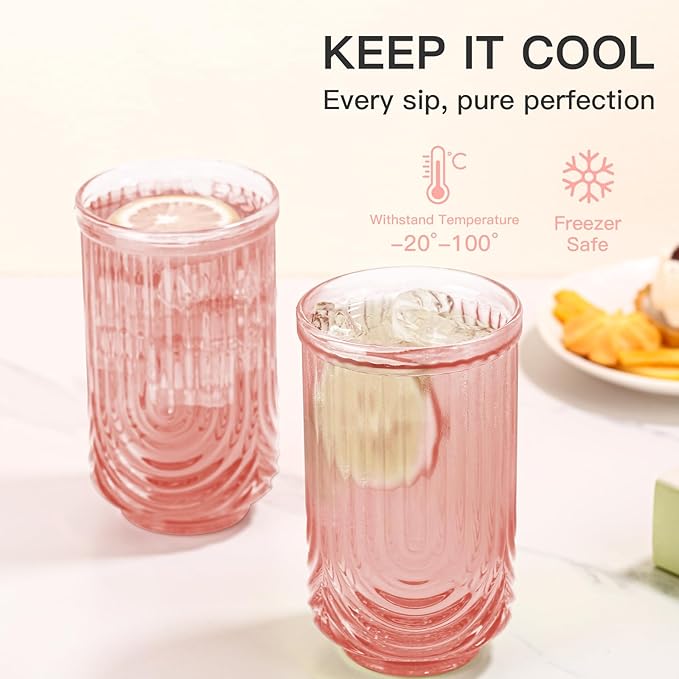 JOVGANK Pink Vintage Glassware Set of 6-17Oz Pink Water Drinking Glass, Art Deco Ripple Highball Glass, Whiskey Cocktail Glasses, for Bar Ice Coffee Juice, Housewarming Gifts and Mother's Day Gift
