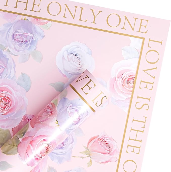 WRAPAHOLIC 20 Sheets Pink Flower Wrapping Paper - 22.4 x 22.4 inch Rose Design Water-Resistant Floral Bouquet Wrapping Paper, Florist Supplies Packaging for Wedding Birthday Gift DIY