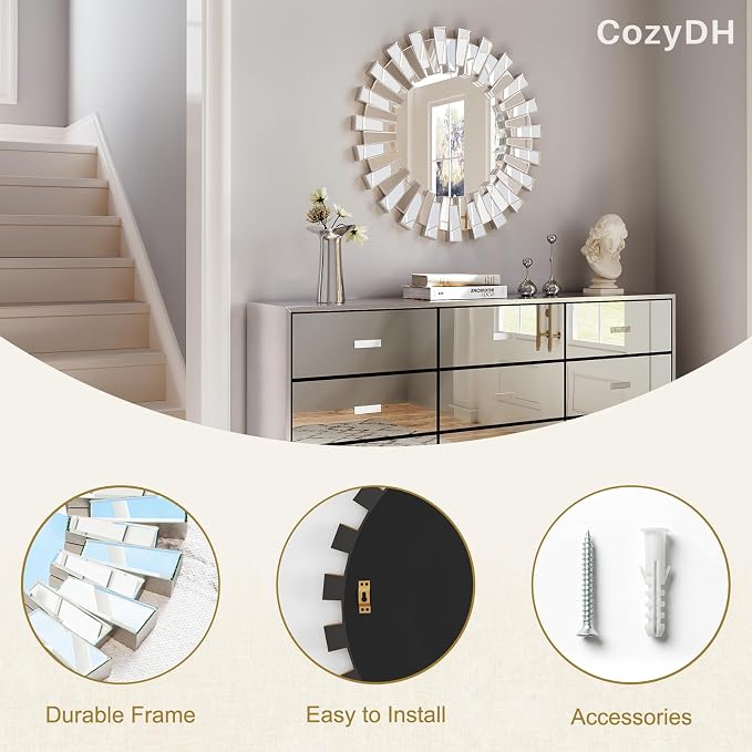 Silver Round Sunburst Wall Mirror - 26" Large Beveled and Birrored Edge Elegant Modern Bohemian Sun Wall Decorative Mirror for Entrance Bedroom Living Room Hallway Bathroom Fireplace Dining Room