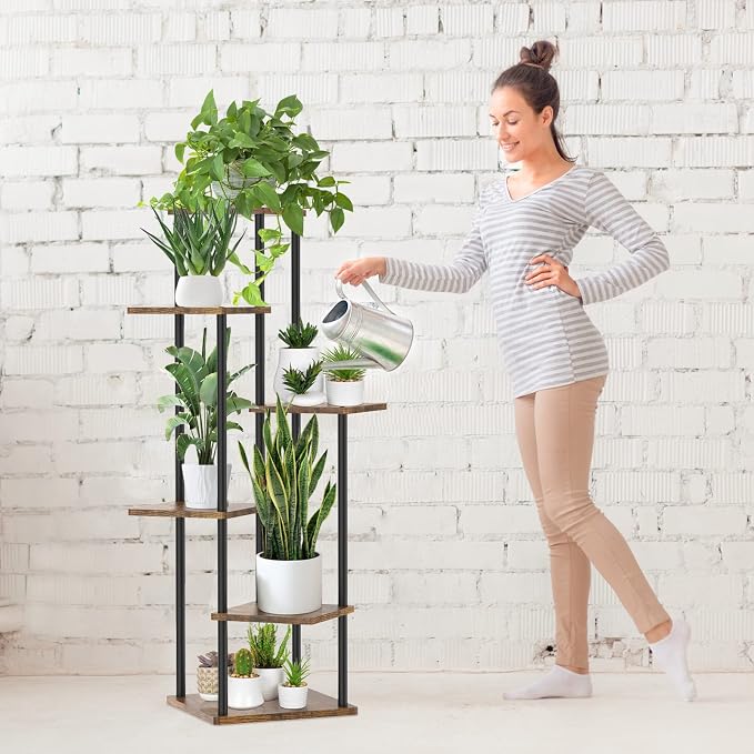 Oppro 6 Tier Tall Plant Stand Indoor Outdoor, Large Wood Metal Planter Shelf Holder for Narrow Corner, Sturdy Vertical Multiple Flower Orchid Pot Decorative Rack for House Living Room Bedroom Office, Rustic Black