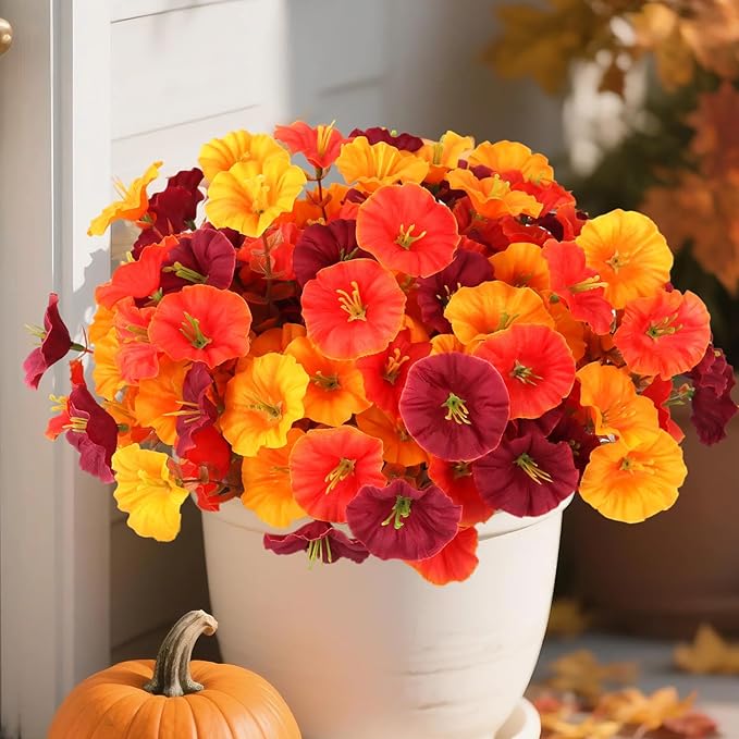 10Pcs Artificial Fall Outdoor Flowers Mums, Faux Silk Realistic Morning Glory Floral Arrangement Planter UV Resistant for Porch Patio Window Box Balcony Garden Decor (10, Fall 3 Colors)