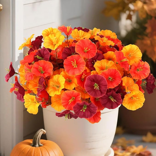 10Pcs Artificial Fall Outdoor Flowers Mums, Faux Silk Realistic Morning Glory Floral Arrangement Planter UV Resistant for Porch Patio Window Box Balcony Garden Decor (10, Fall 3 Colors)