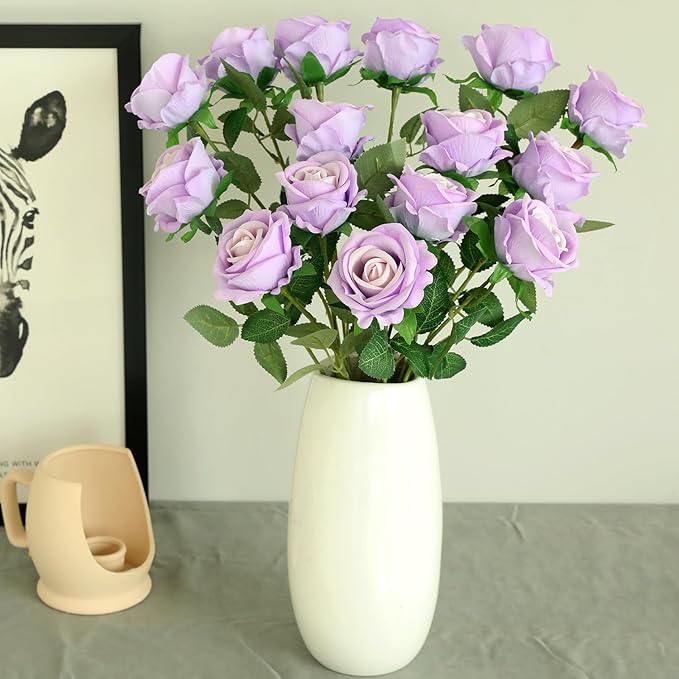 15Pcs Pearl Purple Roses Artificial Flowers Fake Roses Long Stem Velet Rose Silk Flowers for Home Wedding Decoration (Pearl Roses,Purple)