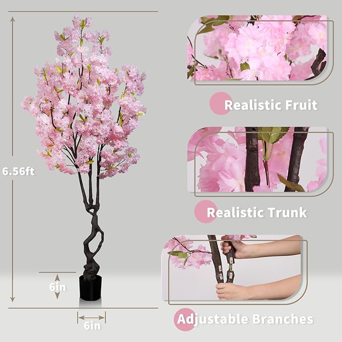 6.56ft Tall Pink Artificial Cherry Blossom Trees, Realistic Flower with Sturdy Plastic Pot, Fake Cherry Blossom Tree for Home Office Indoor Outdoor Party Wedding Christmas Decor