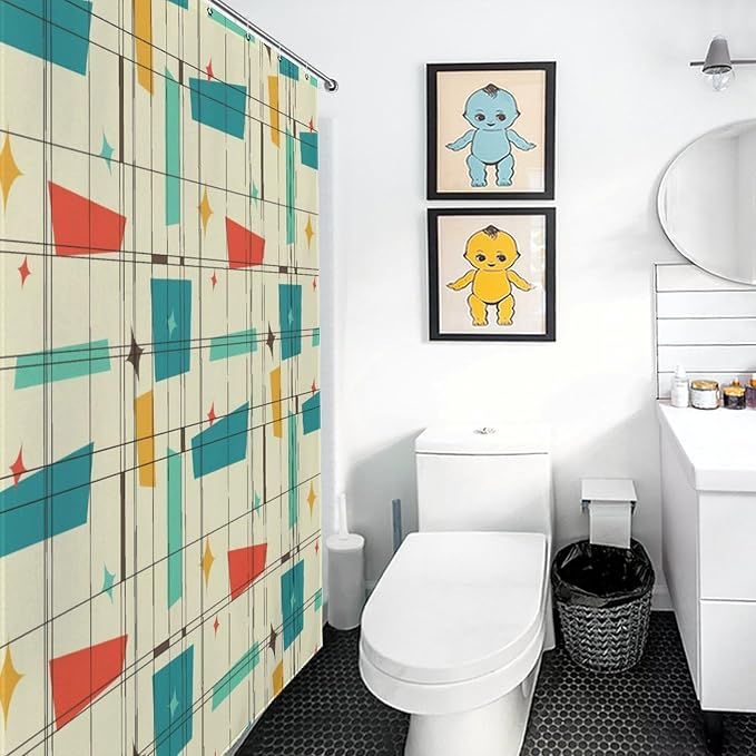 Geometric Shower Curtain for Bathroom, Pastel Mid Century Modern Abstract Geo Print Patterned Retro Style Teal Turquoise Waterproof Fabric Shower Curtain Set with Hooks, 72"x84" Inch