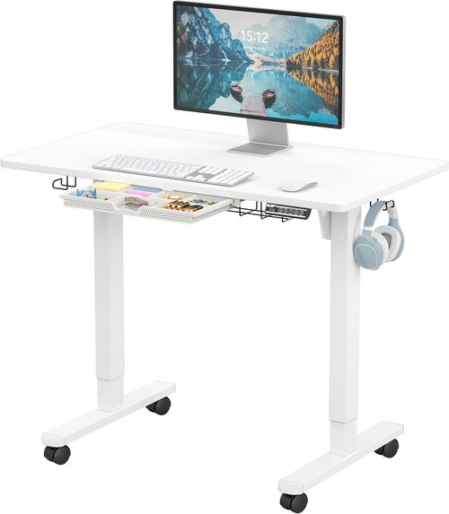 SHW Mobile Electric Height Adjustable Sit to Stand Desk - 40-Inch, White with Drawer & Cable Management