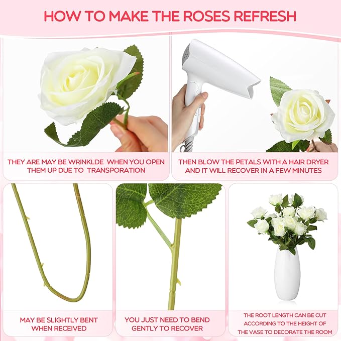 Jexine 50 Pcs Artificial Rose Flower Bulk Realistic Silk Fake Roses with Long Stem Plastic Artificial Flower Bouquet Real Looking for Home Wedding Centerpieces Party Decoration(White)
