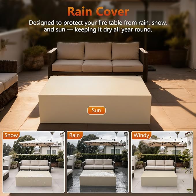 2-Piece 42" Rectangular Propane Fire Pit for Outside Patio with Hidden Tank Table, 50,000 BTU Fireplaces with Glass Wind Guard, Lid, Glass Rocks, Cover(Light Grey)
