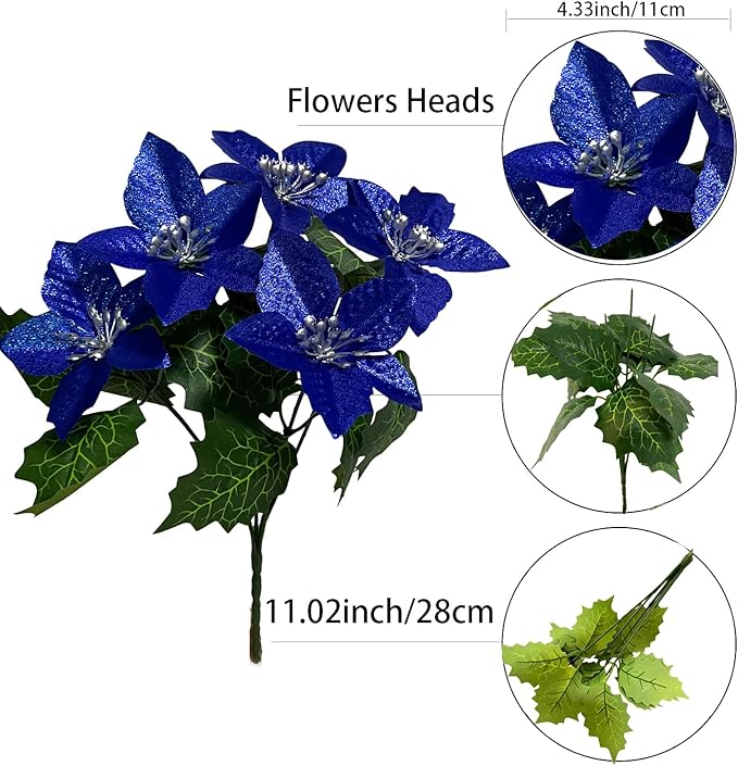8 Pack 5 Heads Christmas Artificial Poinsettia Flowers Faux Poinsettia Bush Bouquets Silk Poinsettia Christmas Tree Ornaments Poinsettia Flower Arrangement for Home Decor
