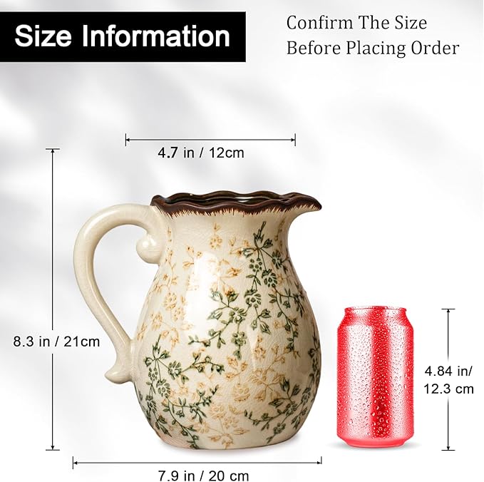 Green and Beige Vintage Vase with Handle, Ceramic Floral Pitcher Vase, Farmhouse Decorative Large Vases for Bouquet, Home Décor, Kitchen, French Country, Chinoiserie, Tuscan Decor, 8.3 Inch