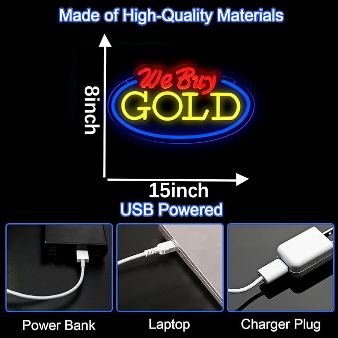 We Buy Gold Neon Sign for Wall Decor, Dimmable Gold Jewelry Shop Store Light up Display LED Light, Red and Yellow Neon Lights for Accessory Store