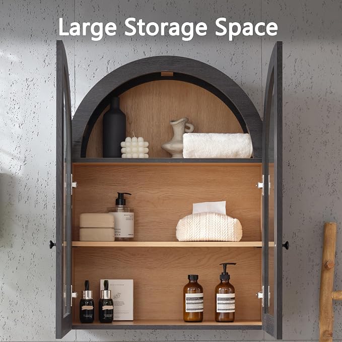 Bathroom Arched Wall Cabinet Over The Toilet Storage Cabinet, 23.5×31.4 Inch bathroom cabinet wall mount with Glass Doors & Adjustable Shelves, Wood Cabinet for Laundry Room, Bedroom Kitchen，Dark Grey