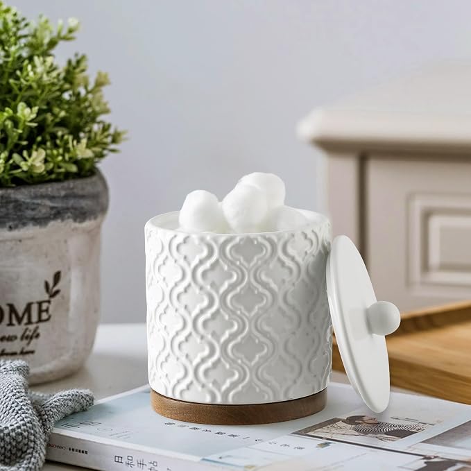 RQYIXI Elegant 5 PCS Ceramic&Wood Bathroom Accessories Set:Soap Dispenser,Toothbrush Holder,Tumbler,Soap Dish,Cotton Swab Jar,Easy to Clean,Quatrefoil Pattern,White-Affordable Home Luxury