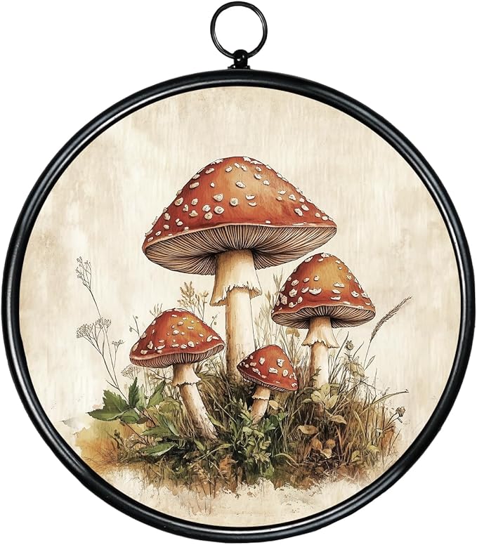 XIAOAIKA Round Vintage Wall Hanging Decor, Printed Textured Surface with Wood Back, Mushroom Design, Black Metal Frame, Ready to Hang for Living Room Bedroom, 10 Inch