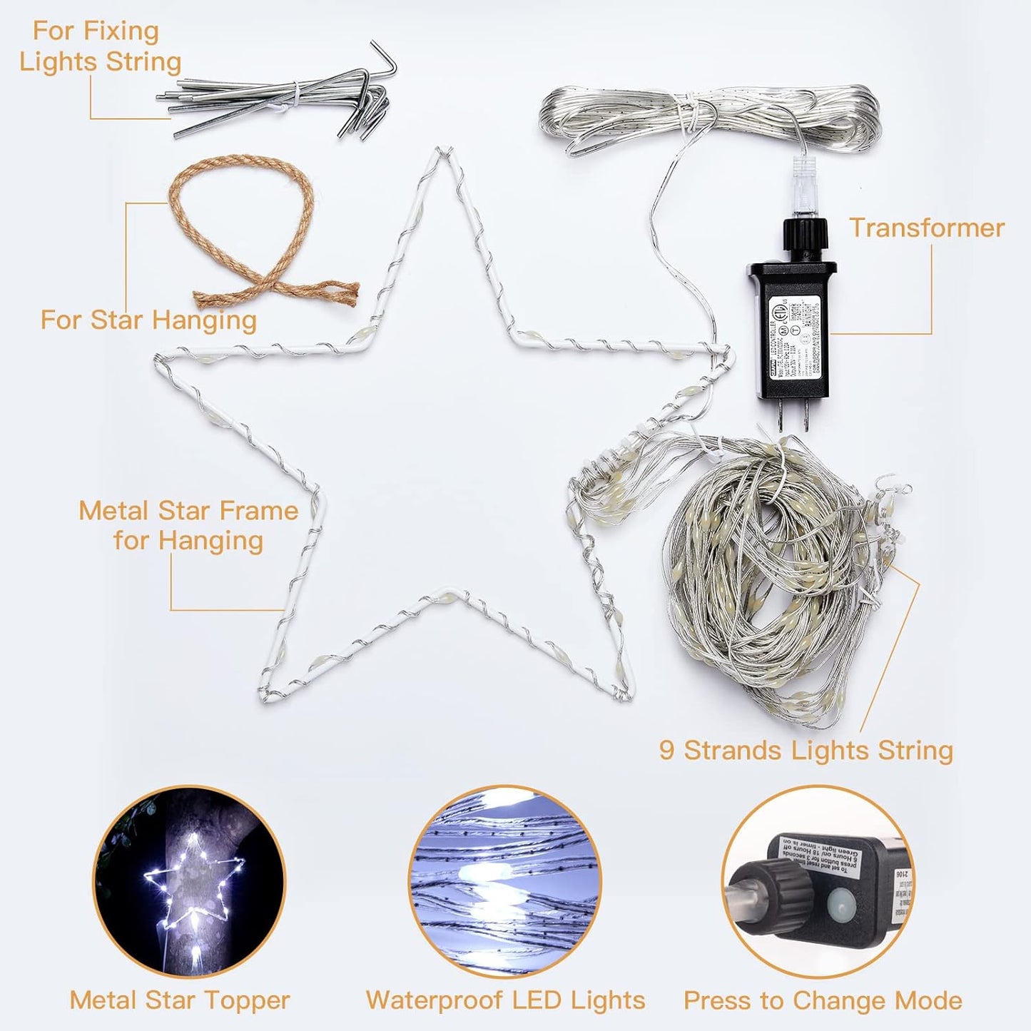 Skiennix Christmas Star String Lights - 344 LED Waterfall Tree Lights with Iron Topper | Pure White Indoor/Outdoor Decor