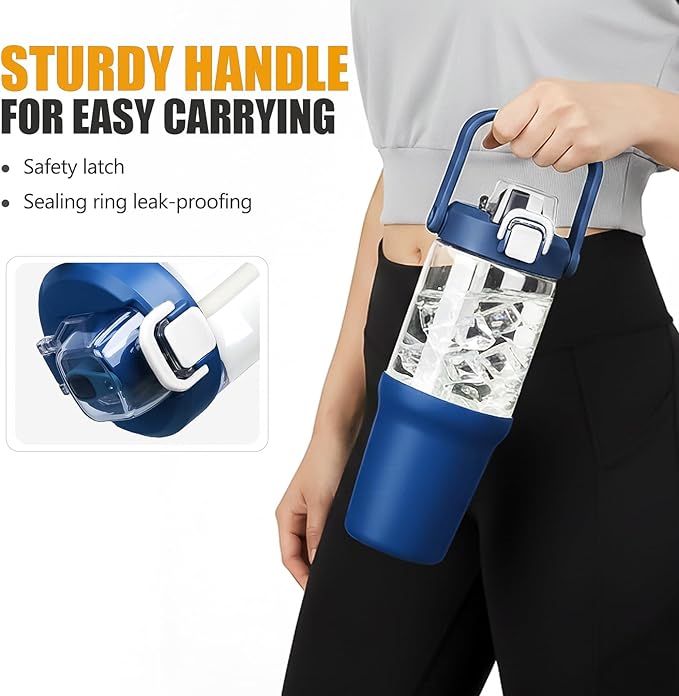 Glass Tumbler with Carry Handle, Clear Glass Water Bottle with Leakproof Lid, Spout Lid&Straw, BPA-Free, 32 oz, DBlue