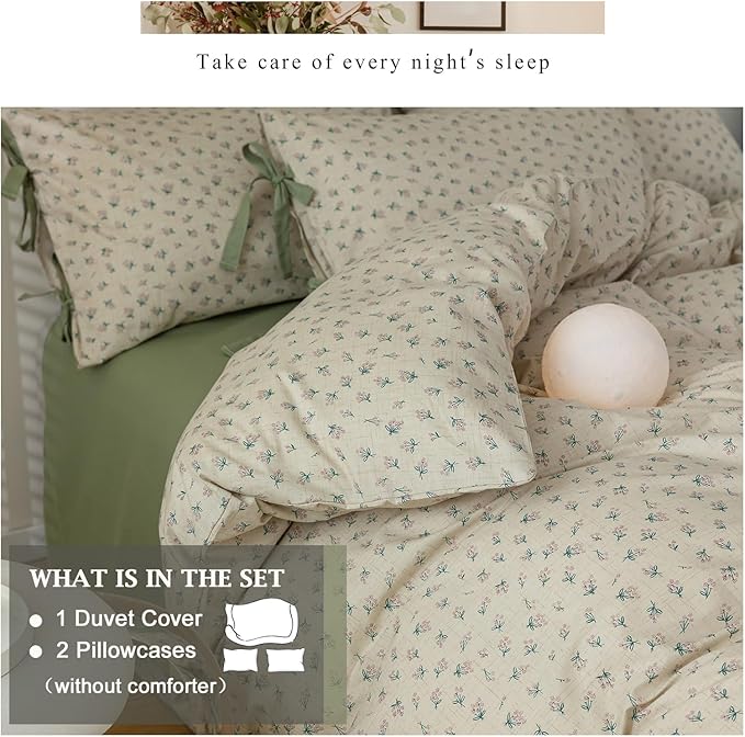 VM VOUGEMARKET Duvet Cover Set Twin 100% Cotton 3 Pcs Girls Green Floral Comforter Cover with Zipper Closure,Cottagecore Style Duvet Cover + 2 Pillowcases with Bowknot-68x86 Inch