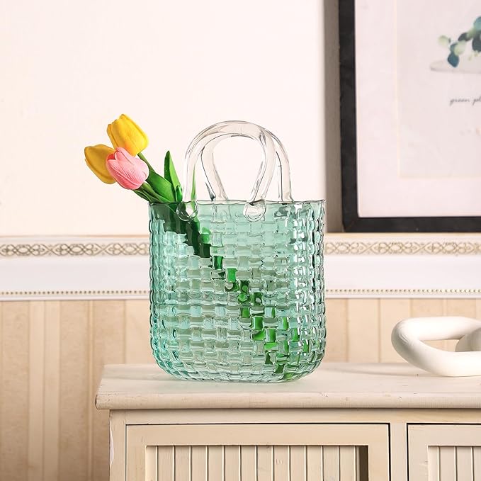 Glass Purse Vase for Flowers, Green Purse Flower Vase, Wide Mouth Glass Bag Vases, 10 Inch Large Handbag Shaped Vases for Home, Office Decor