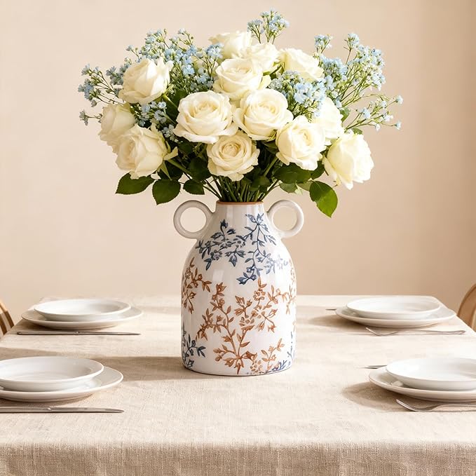 Rustic Blue Ceramic Vase with Handle, Nordic Boho Small Vases Side Table Flower Centerpiece, Wide Mouth Single Flower Vase Pampas Grass Decorative - for Home Window Sill Living Dining Room Kitchen