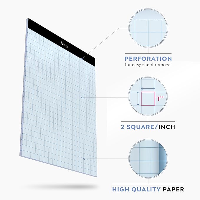 Alitte Graph Paper Pad, Pack of 3, White Letter Size - 2x2 Quad Grid Paper, Easy-Tear Perforations, 8.5 x 11 Cardboard Backing - Graph Notepads for School, Office -50 Sheets per Pad