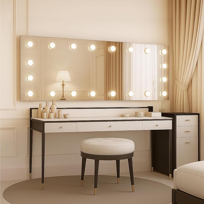 WTTY 60"x28" Hollywood Vanity Mirror with Lights, Wall-Mounted Makeup Mirror with 3 Color Temperatures, Stepless Dimmable Bulbs, Anti-Fog & Shatter-Proof